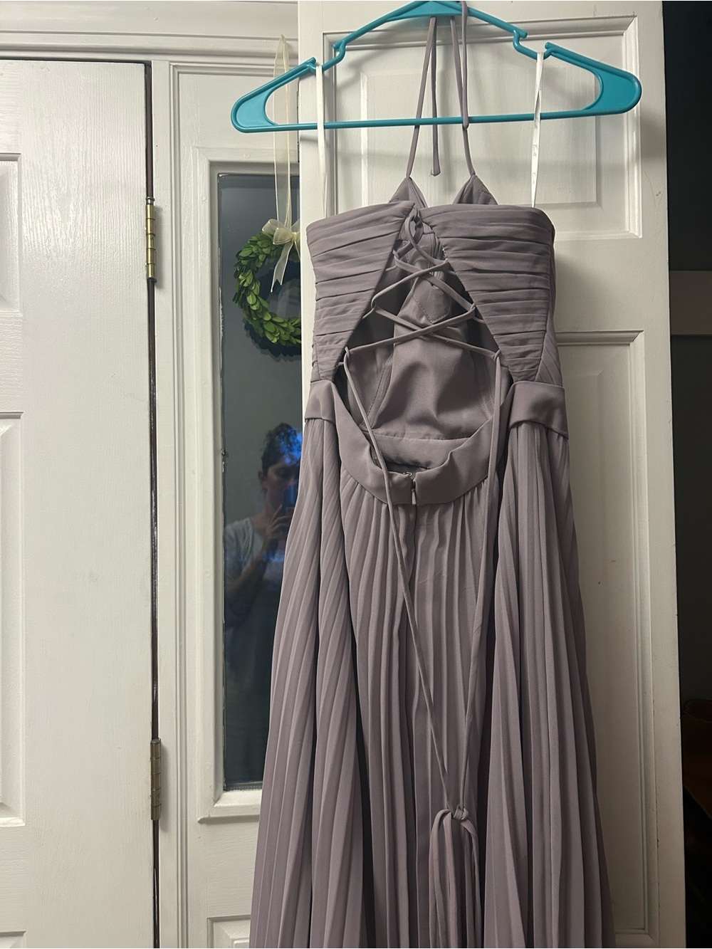 Camille La Vie Lilac Gray Spaghetti-Strap Pleated Chiffon Gown - Picture 2 of 4